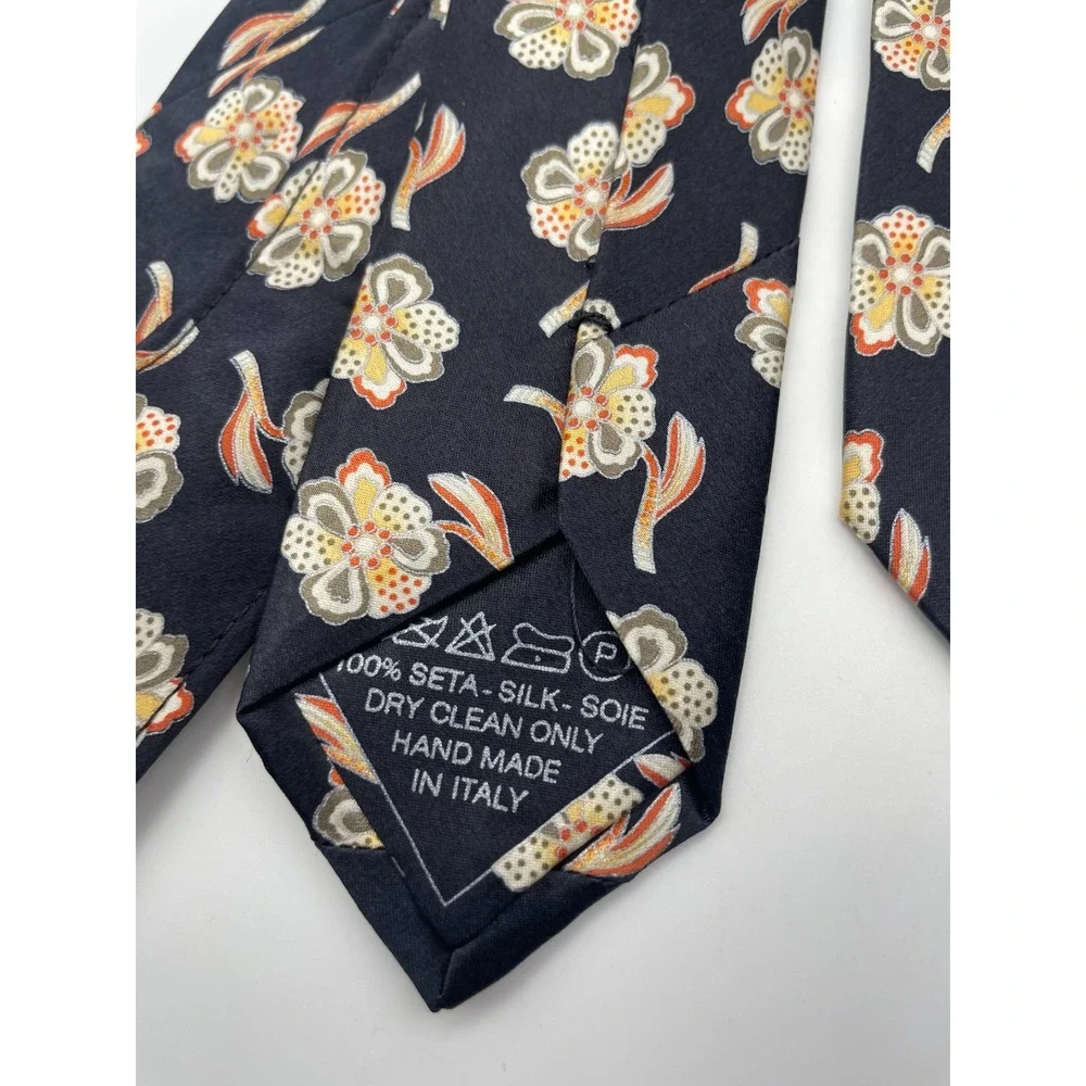 Italo Ferretti Mens Silk Floral Tie Navy Blue Orange Hand Made Italy Gandini